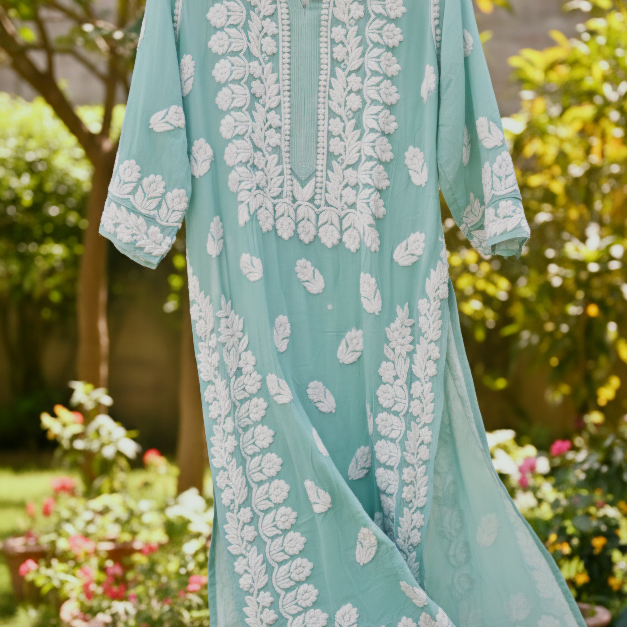 Pista Green Premium Georgette Chikankari Luxurious Long Kurta