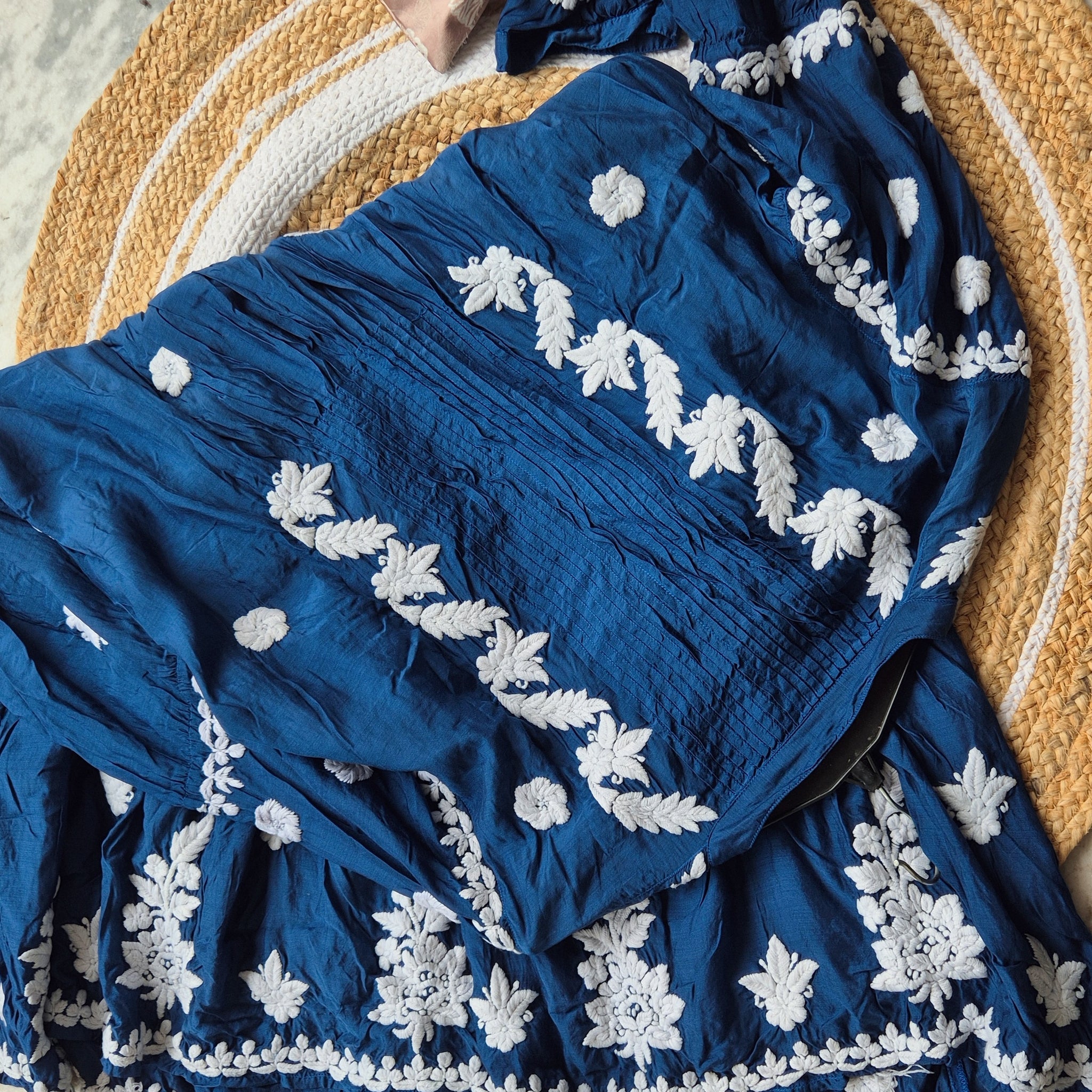 Beautiful Blue Midi Dress Pure Handcrafted Luxurious Chikankari