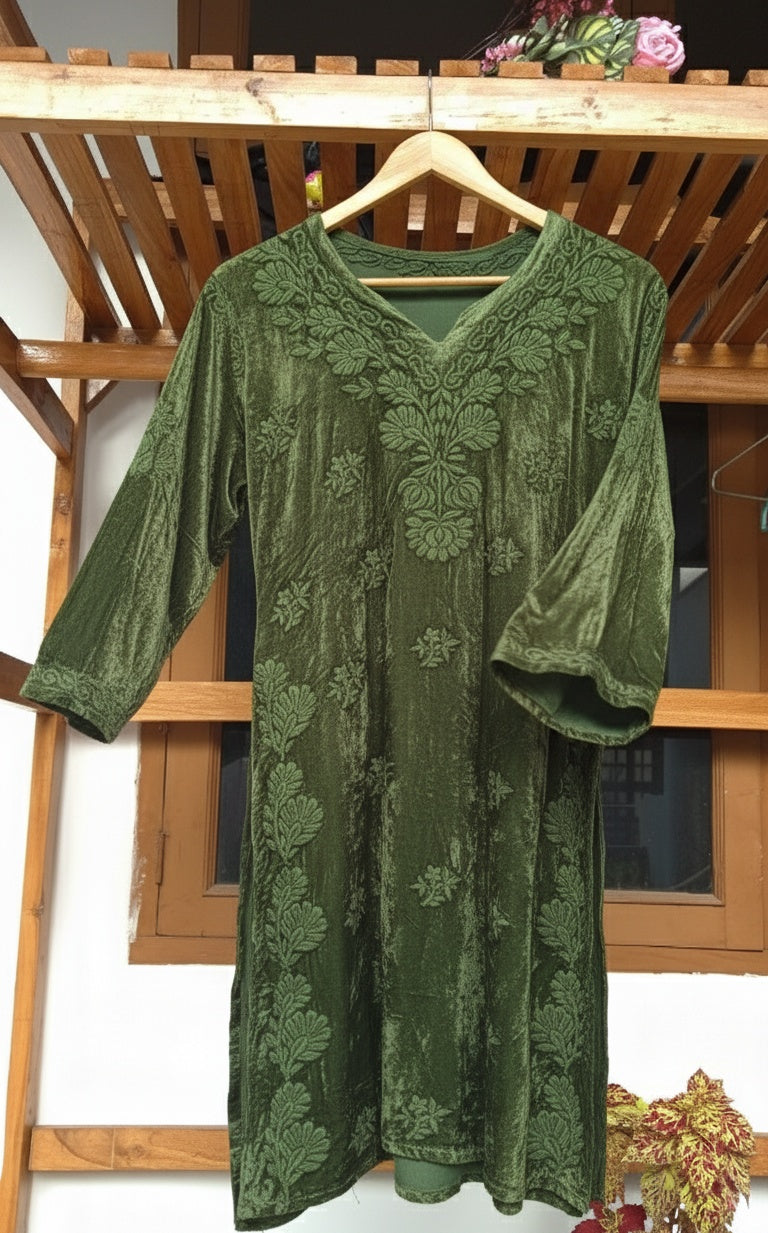 Moss Is A winter Colour Kashmiri Makhmal Pure Handcrafted Chikankari embroidery Soft & warm Luxurious Craft