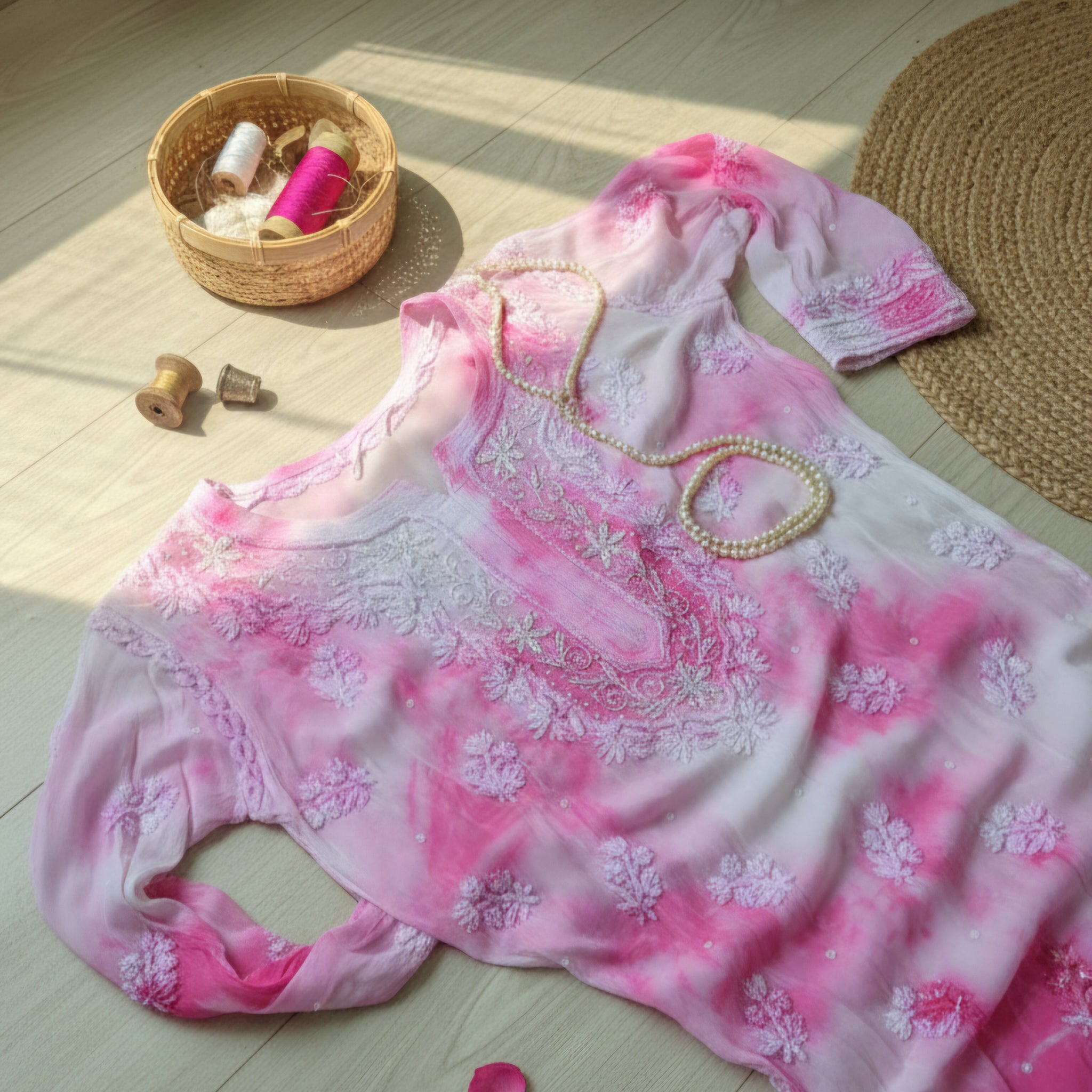 Tie Dye Beautiful Noori  Premium Georgette Chikankari Kurta Cutdana Embroidery