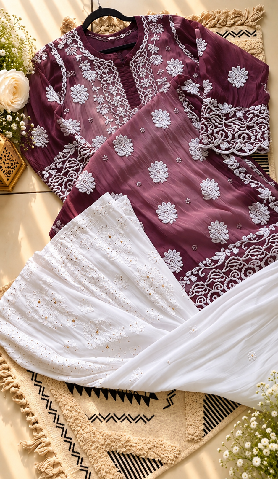 Elegant white silk long kurta with intricate handcrafted Chikankari embroidery, designed for women by LVW Fashions.