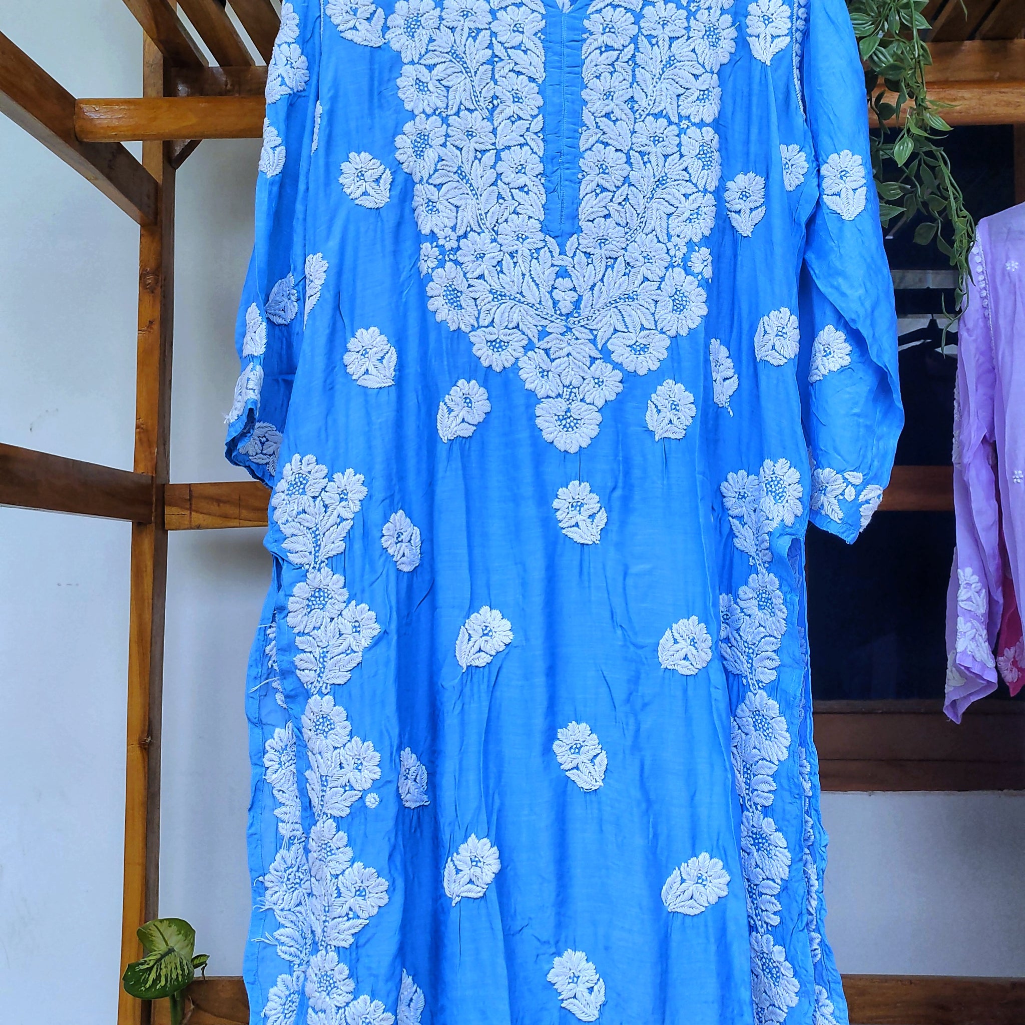 Farah Blue Premium Silk Luxurious Look Chikankari Long Kurta (Unique Back Embroidery)