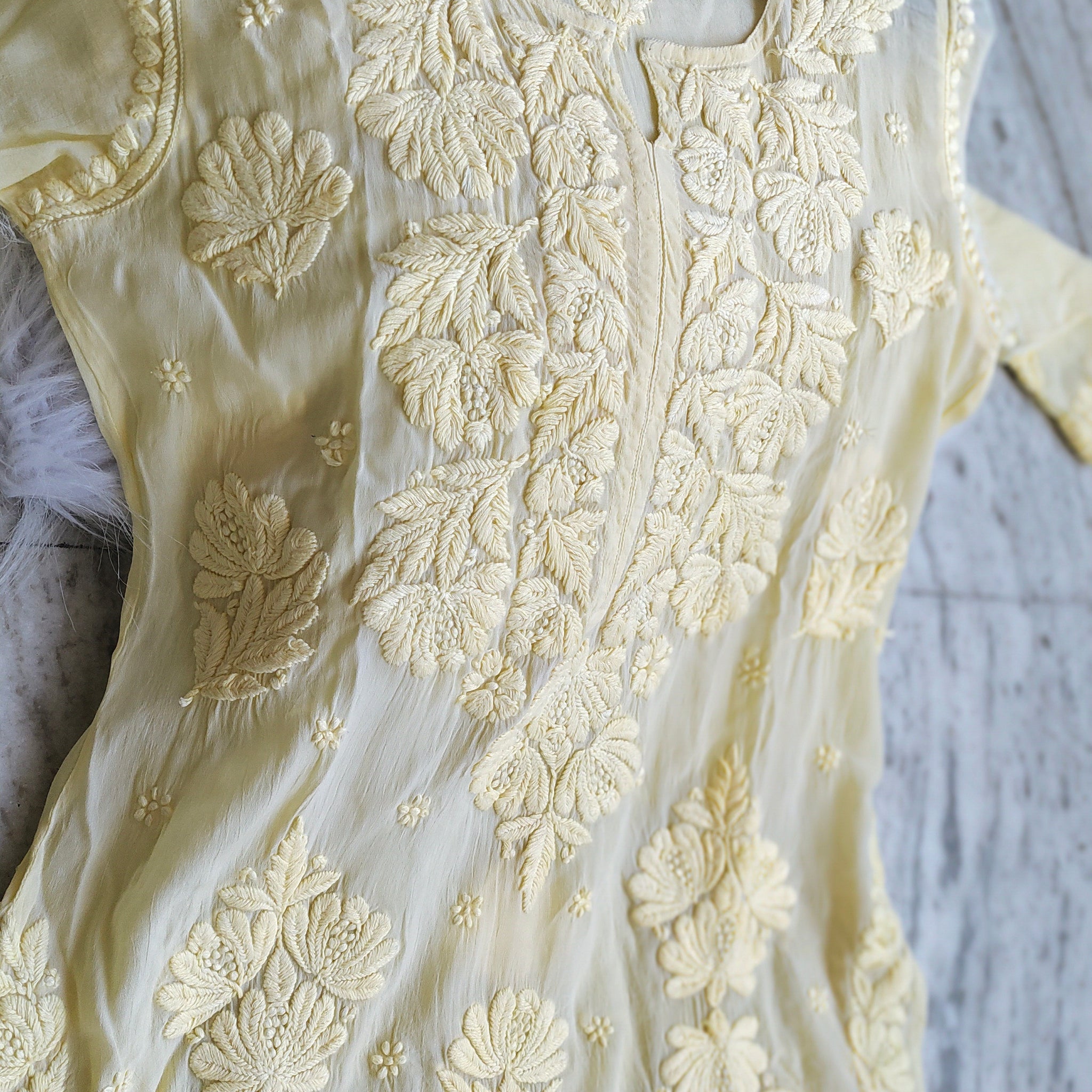 Noorani Pastel Yellow Silk Chikankari Luxurious Kurta