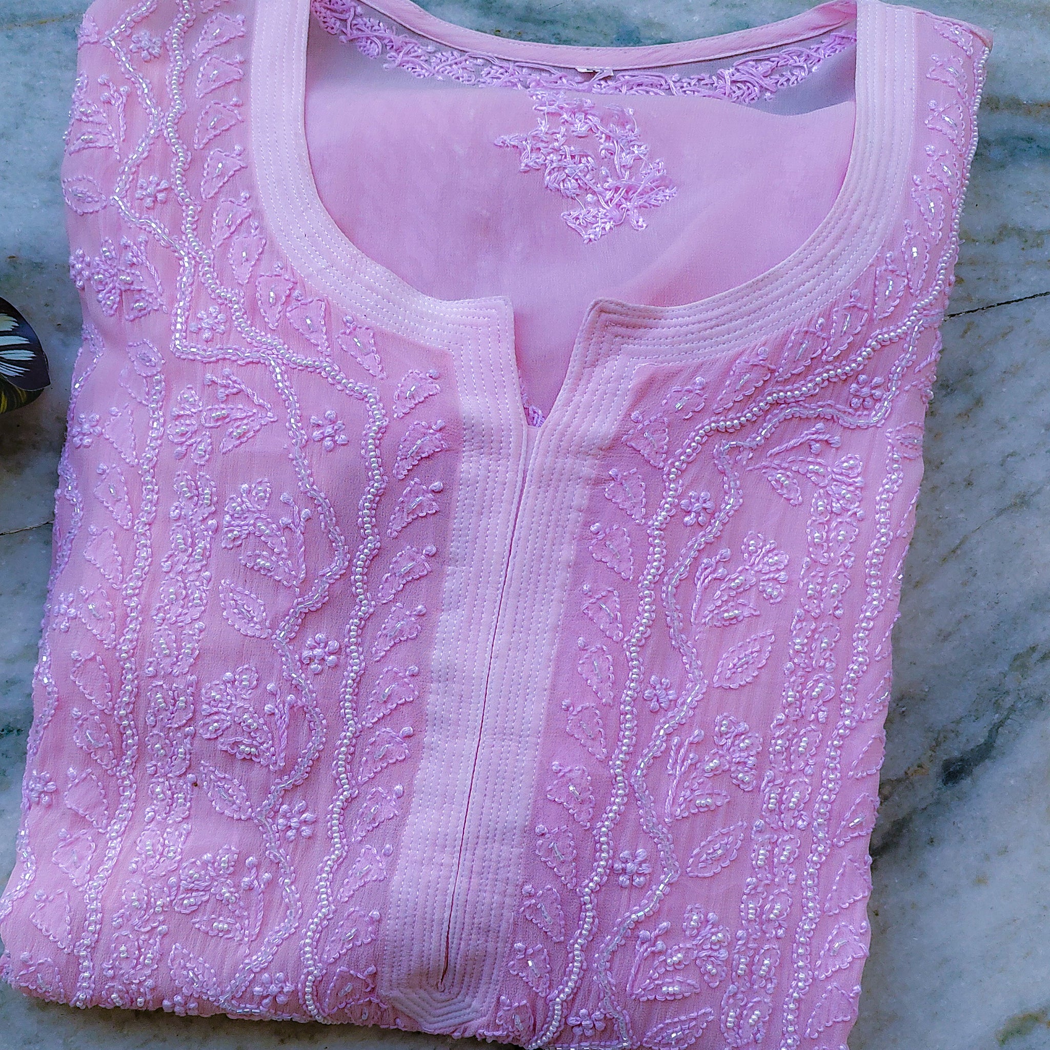 Noori Full Jaal Pearl Cutdana Chikankari Embroidery Long Luxurious kurta Pure Handcrafted