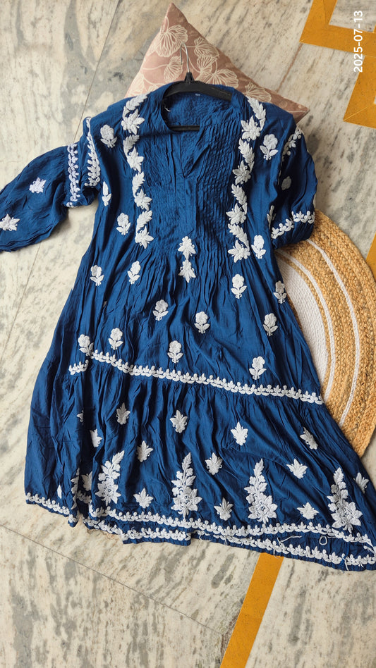 Beautiful Blue Midi Dress Pure Handcrafted Luxurious Chikankari