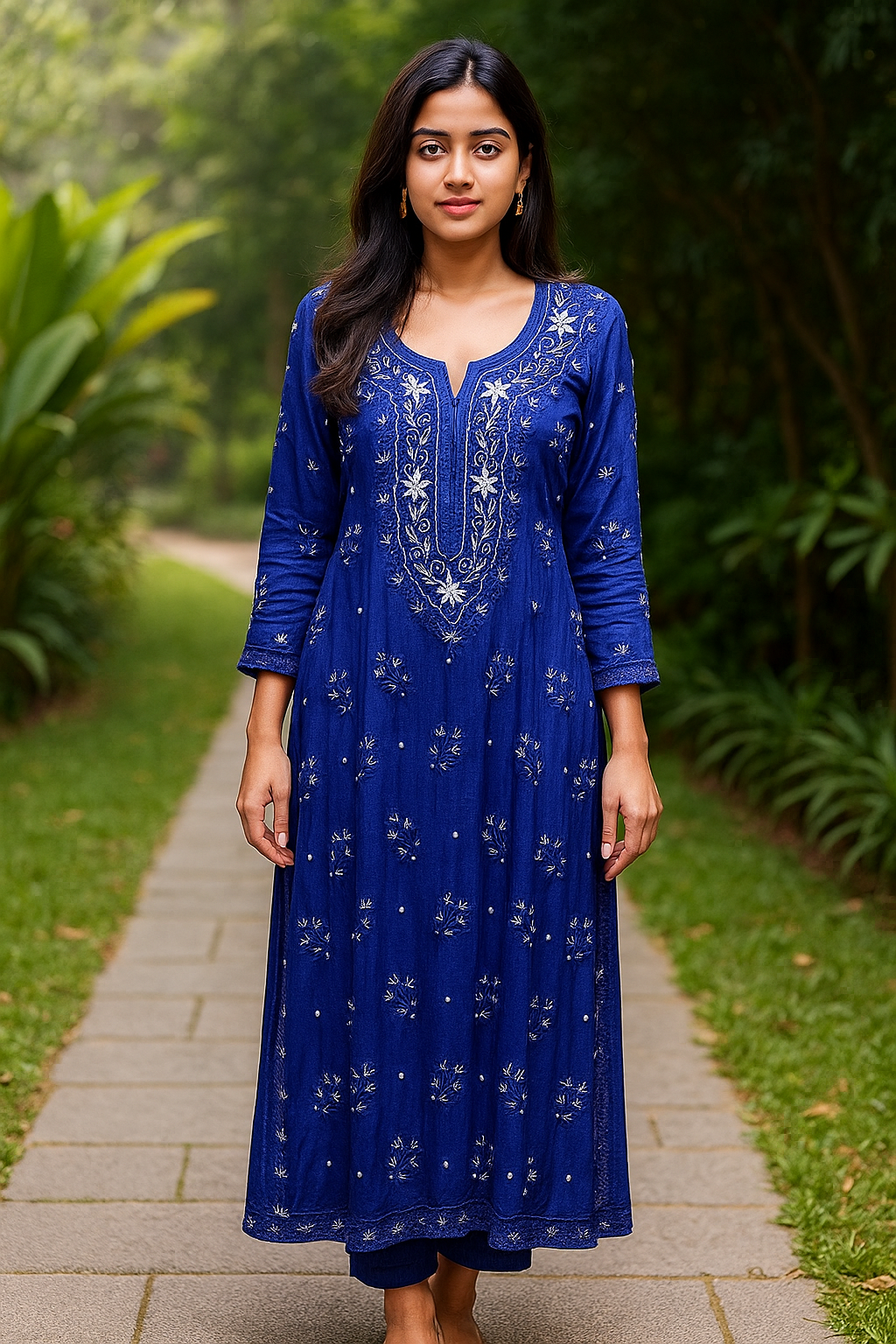 Noori Deep Blue Premium Silk Chikankari Pearls Cutdana Embroidery