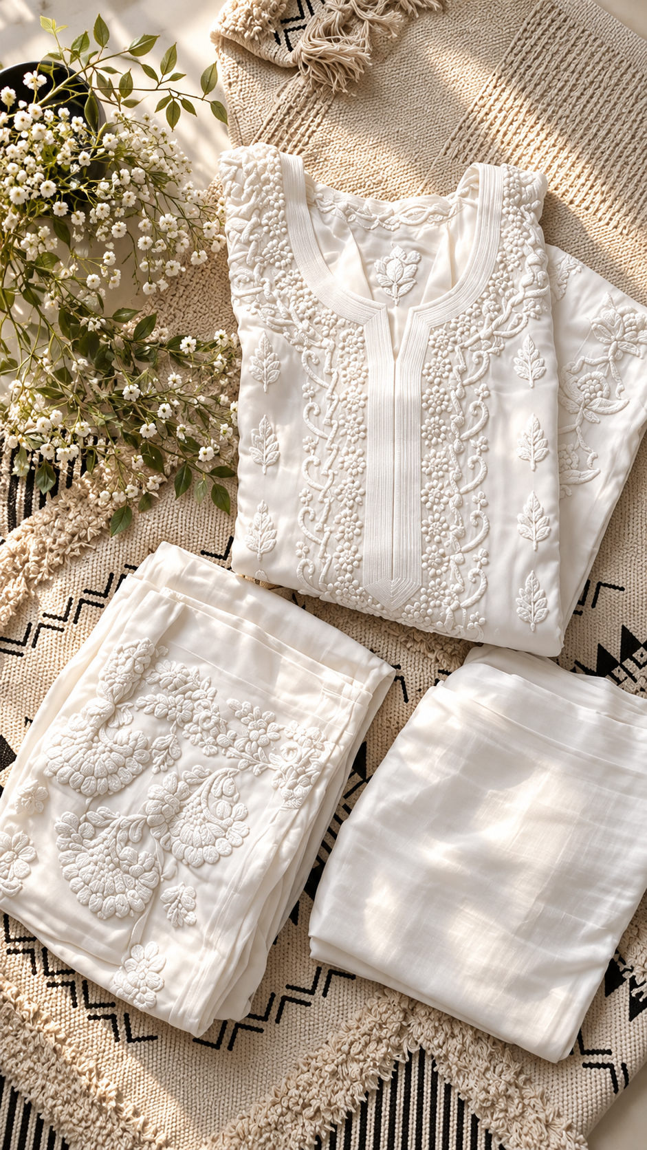 White Rich Viscous Georgette Chikankari Long Kurti Set by LVW Fashions, featuring intricate handcrafted embroidery and elegant design.