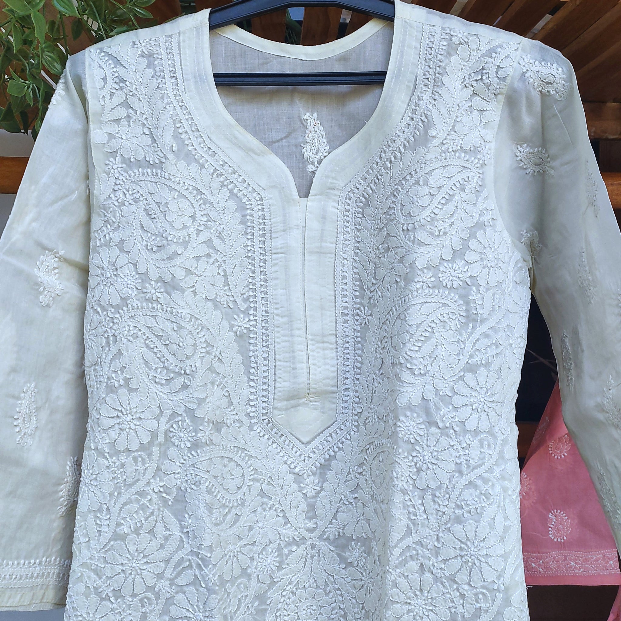 Premium Voil Cotton Ivory Chikankari Long Kurta