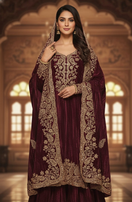 Pure Velvet Real Mirror Work Full Unstitched Suit Kurta Bottom Shawl (prepaid) Check Description For More Details