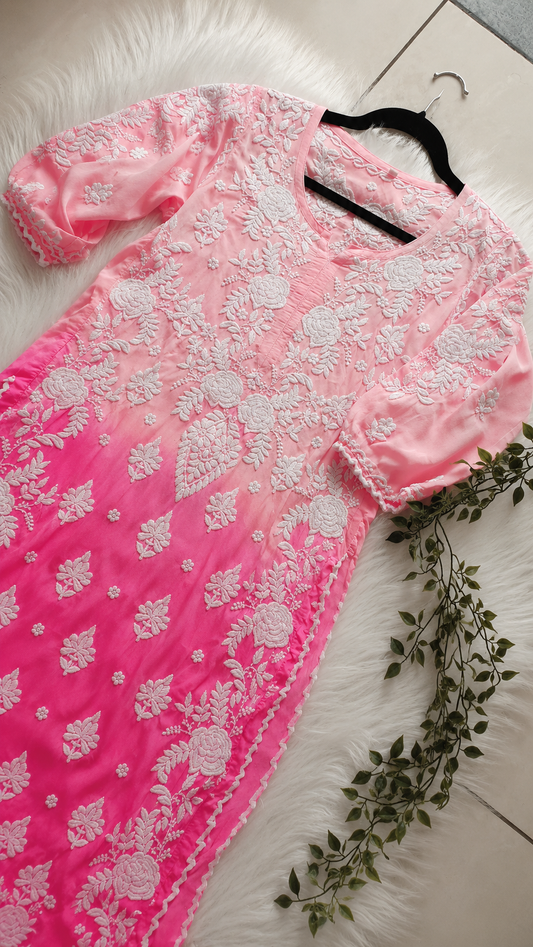 Pinkish ombre Azhel Co-ord Set With back And Sleeves Embroidery Special (One Creation)