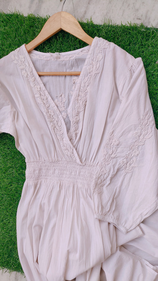 Creamish Waist Elastic Chikankari Dress Pure Cotton Dyeable