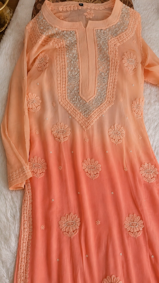 Noori Peach Ombre Premium Georgette Chikankari Pearls Cutdana Embroidery