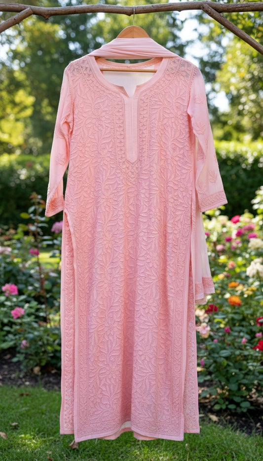 Peach Beautiful Premium Georgette Chikankari Kurta Set (embroidered Dupatta)