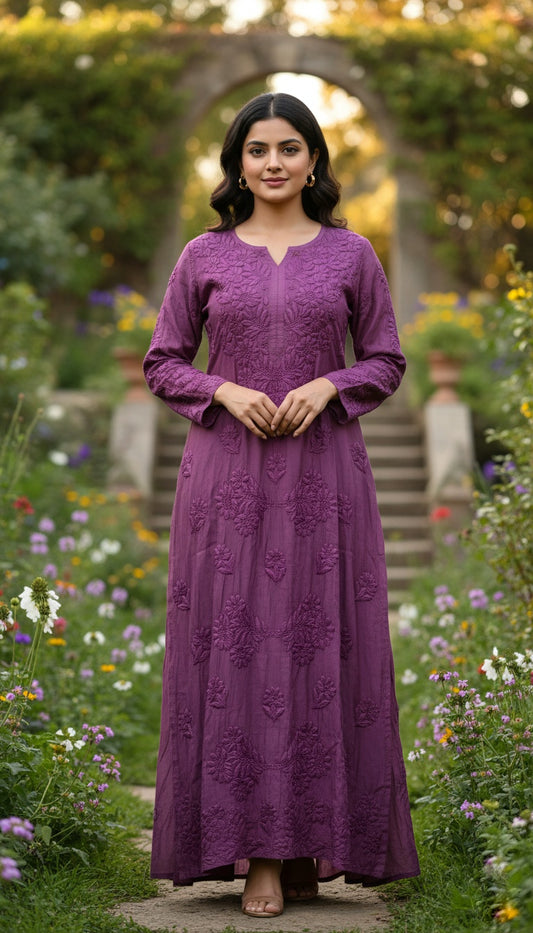 Long Straight cut 46+ length Premium Silk Chikankari Kurti  for Women