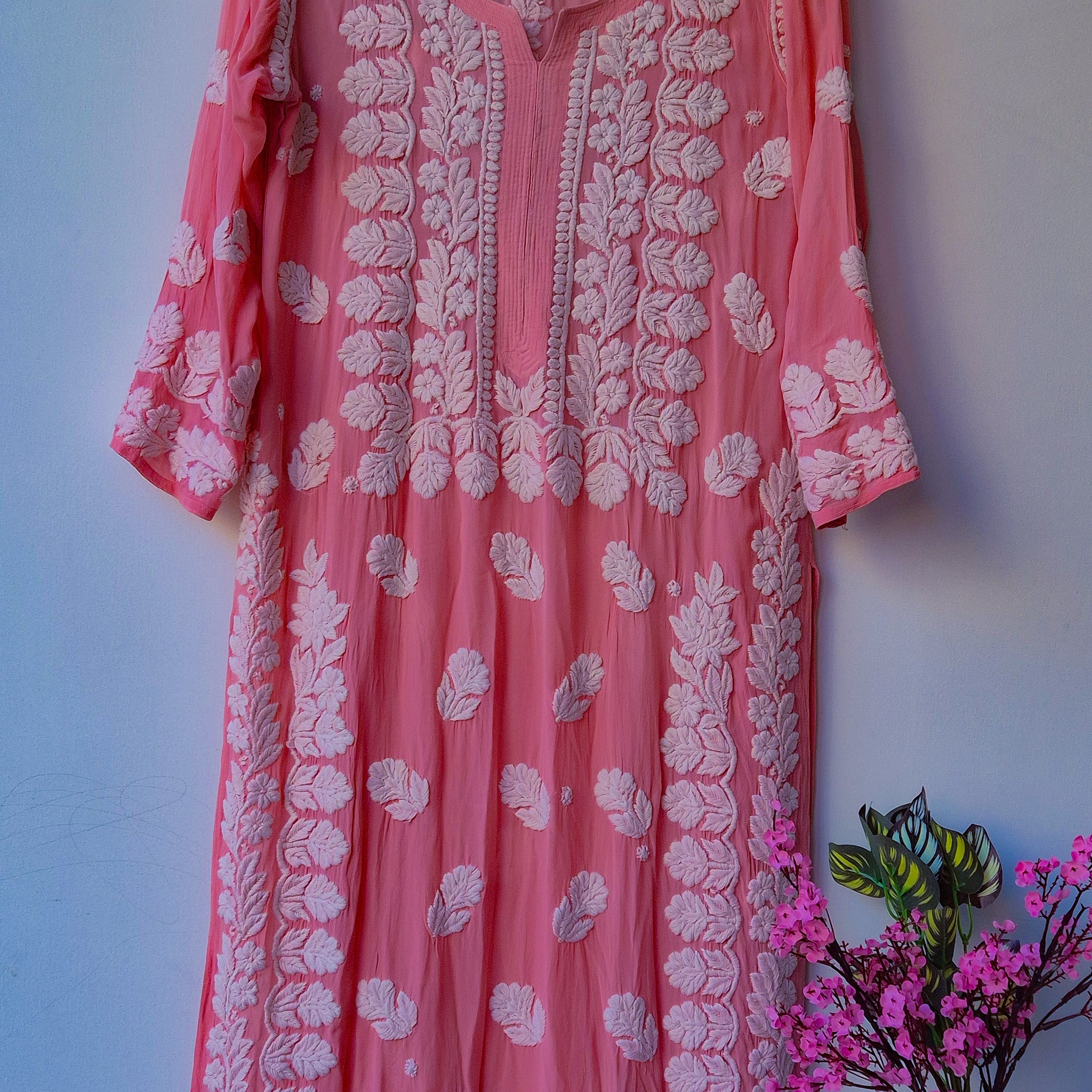 Deep Puce Premium Georgette Luxury Chikankari Long kurti