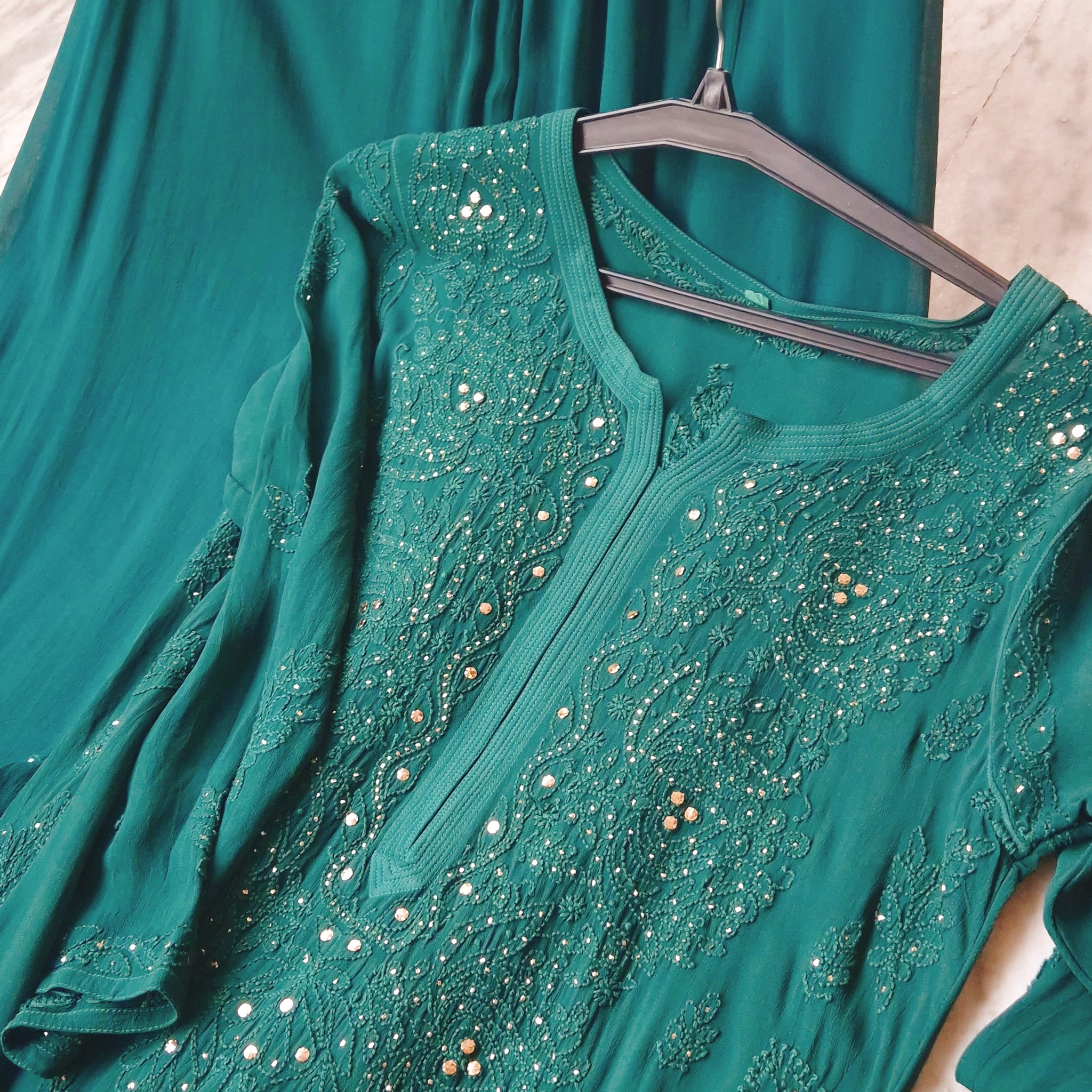 Winter Green Premium Georgette Chikankari Neck Design Chikankari Kurta set