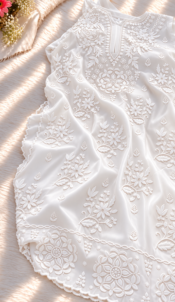Navratri colour Edit White Premium Crepe Silk Chikankari kurti co-ord set