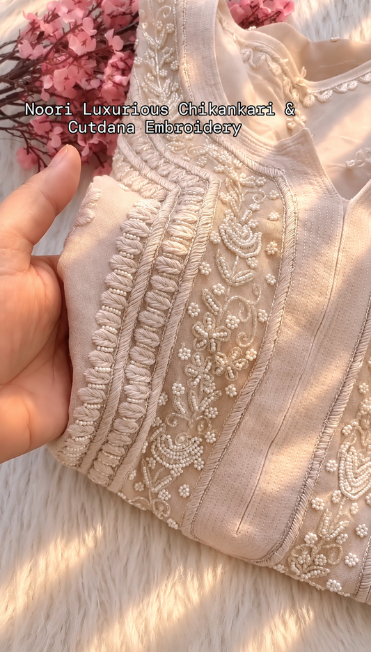 Brown Powder Premium Georgette Chikankari Long Kurta by LVW Fashions, featuring intricate handmade Lucknow-style embroidery.