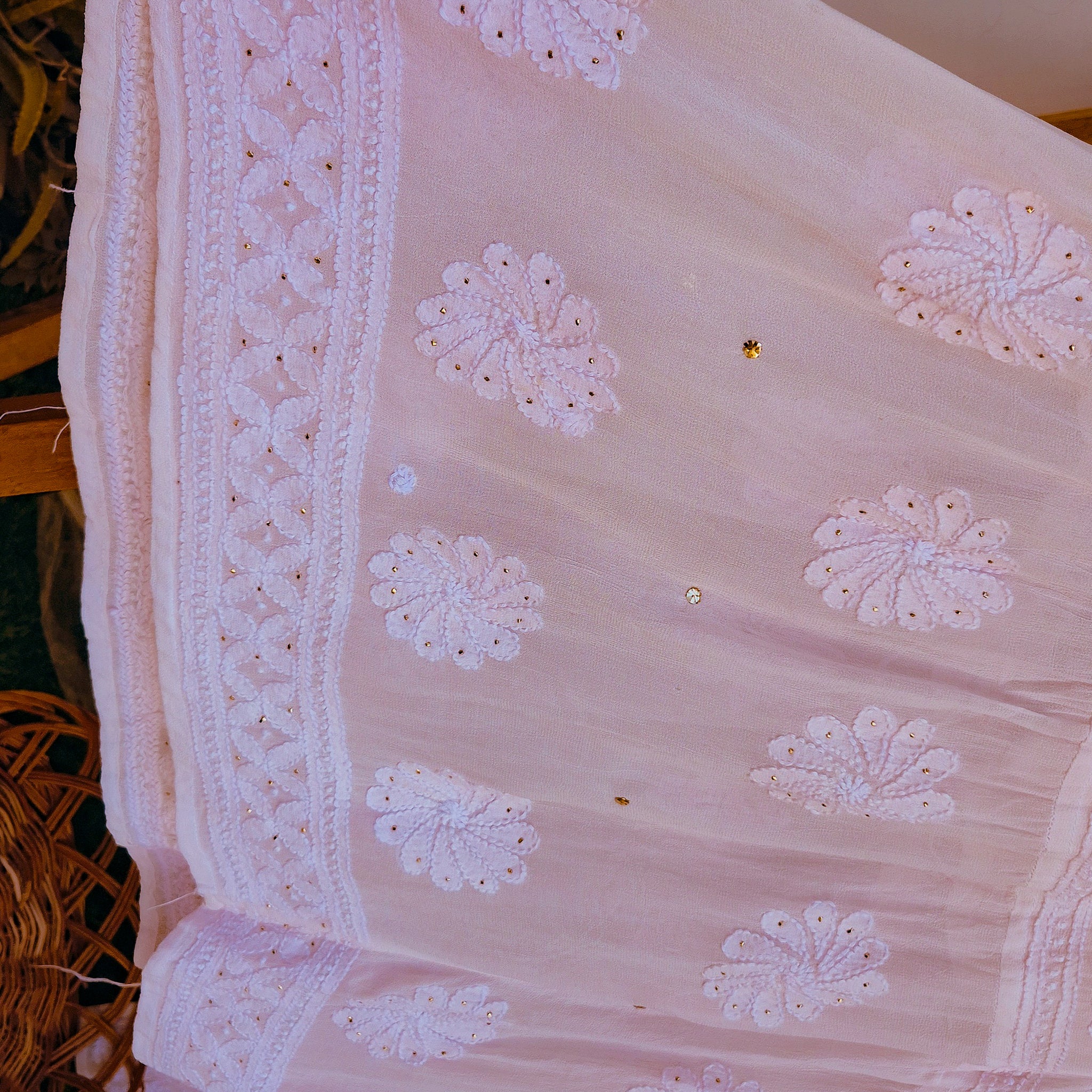 Baby Pink Noori Full Jaal Pearl Cutdana Chikankari Embroidery Long Luxurious kurta Pure Handcrafted