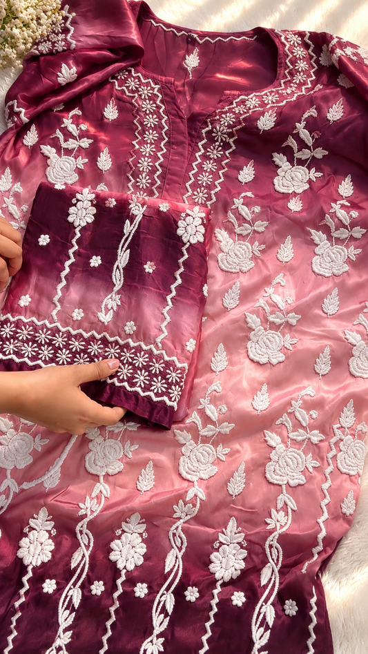 Azhel Plum Wine chikankari  Premium Silk Co-ord Set Front Back Embroidery Special (Limited Edition) (Copy)