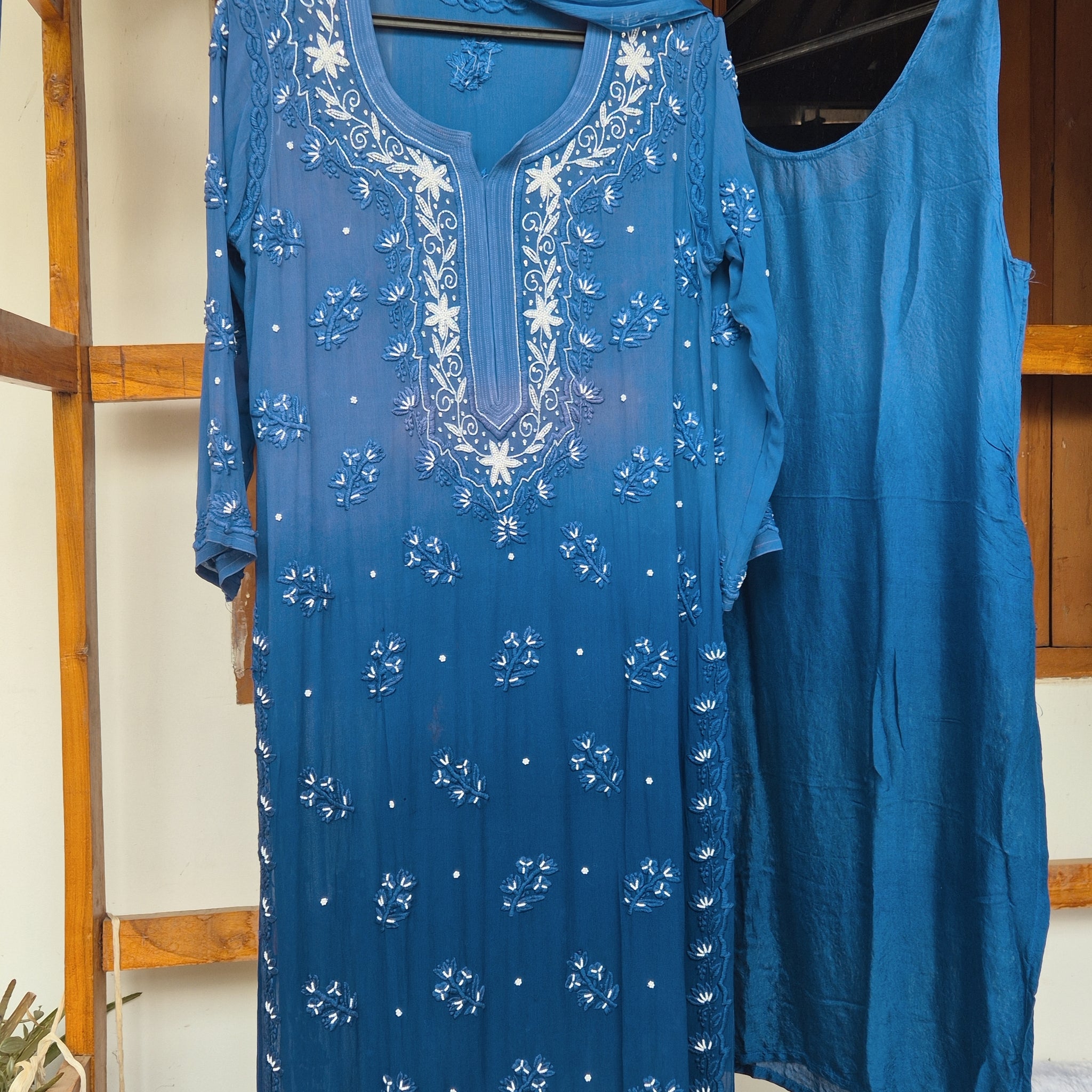 Noori turquoise Ombre Premium Silk Chikankari Pearls Cutdana Embroidery