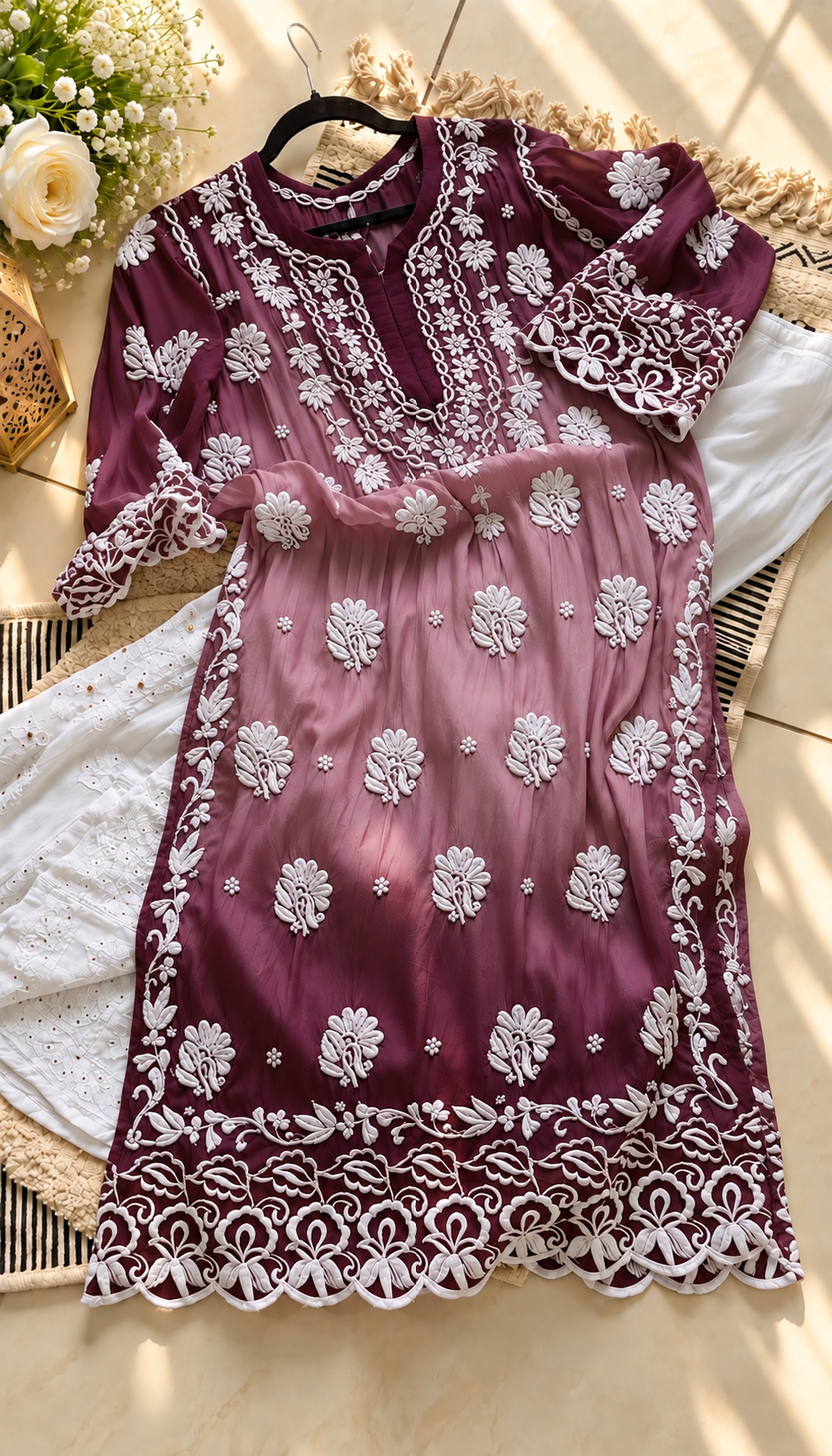Elegant white silk long kurta for women featuring intricate handcrafted chikankari embroidery by LVW Fashions.