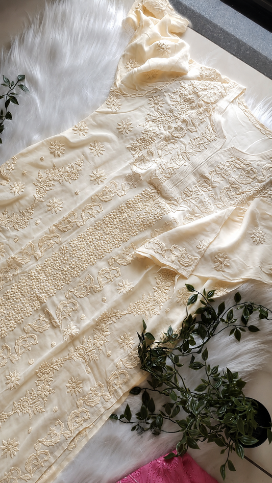 Butter Shade Premium Georgette luxurious Chikankari Long Kurta Heavy Embroidery with Light weight