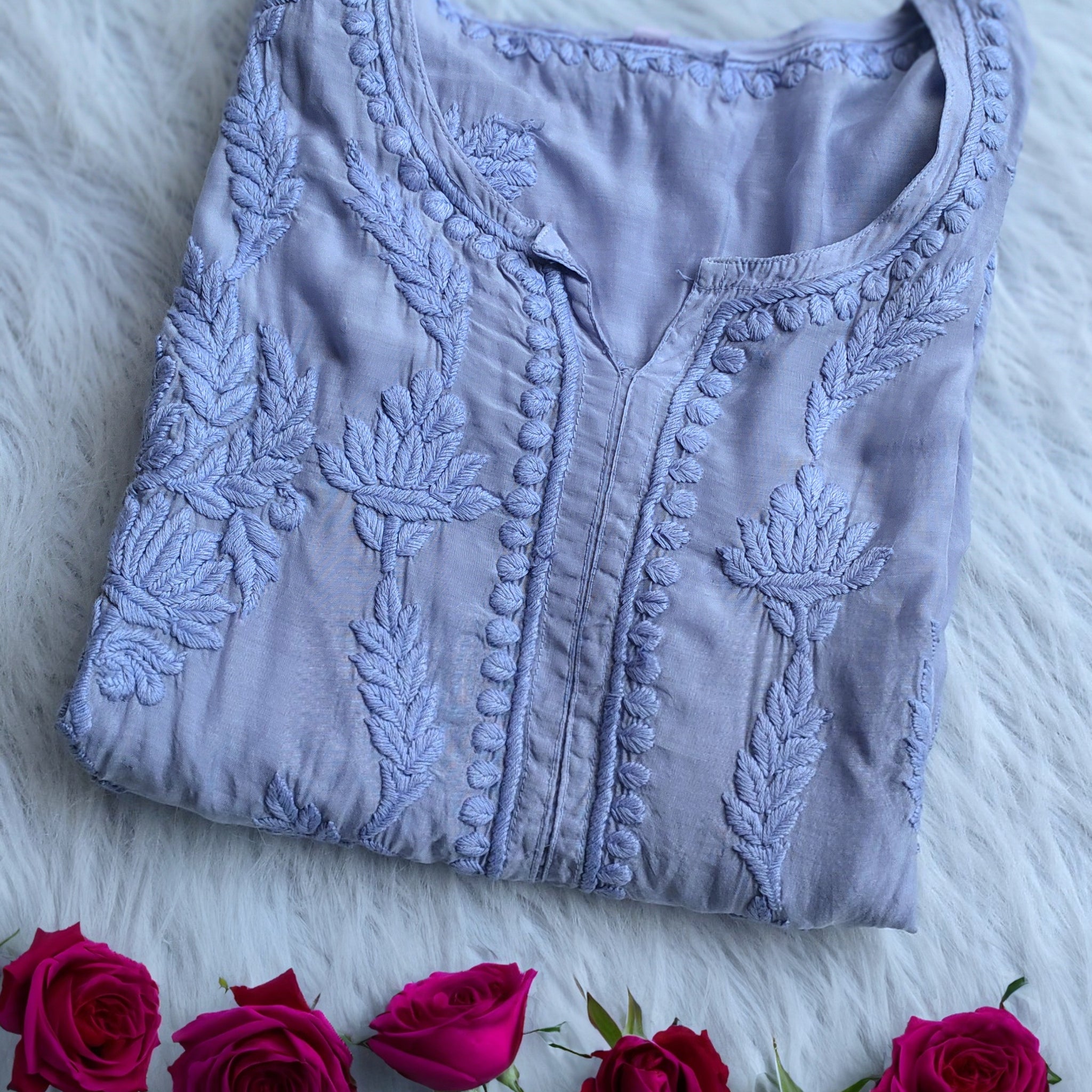 Lotus Grayish Blue Crepe Silk Premium Chikankari Long Kurta