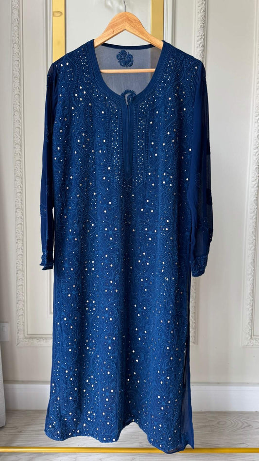 Farah Royal Blue Premium Georgette Chikankari Luxurious Kurti set for women Mukaish Add On
