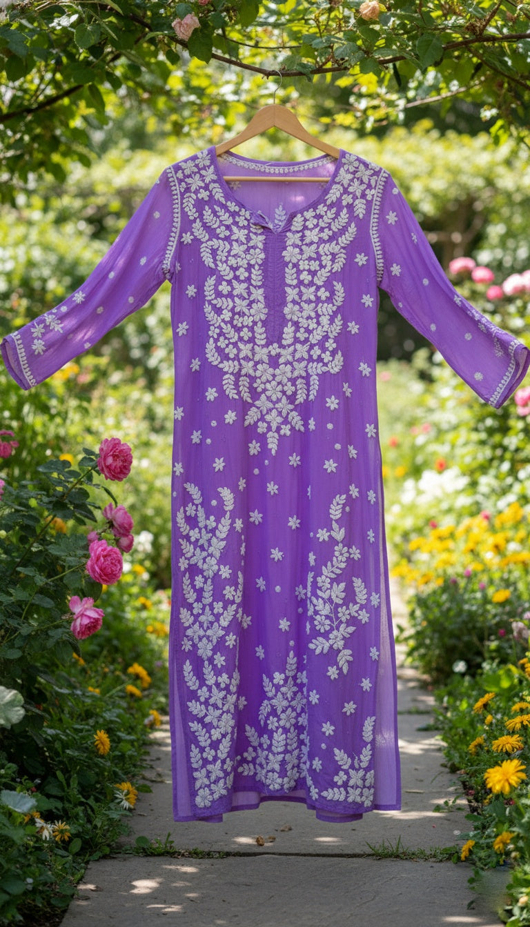 Beautiful Premium Georgette Chikankari Luxurious Long Kurta with kamdani add on