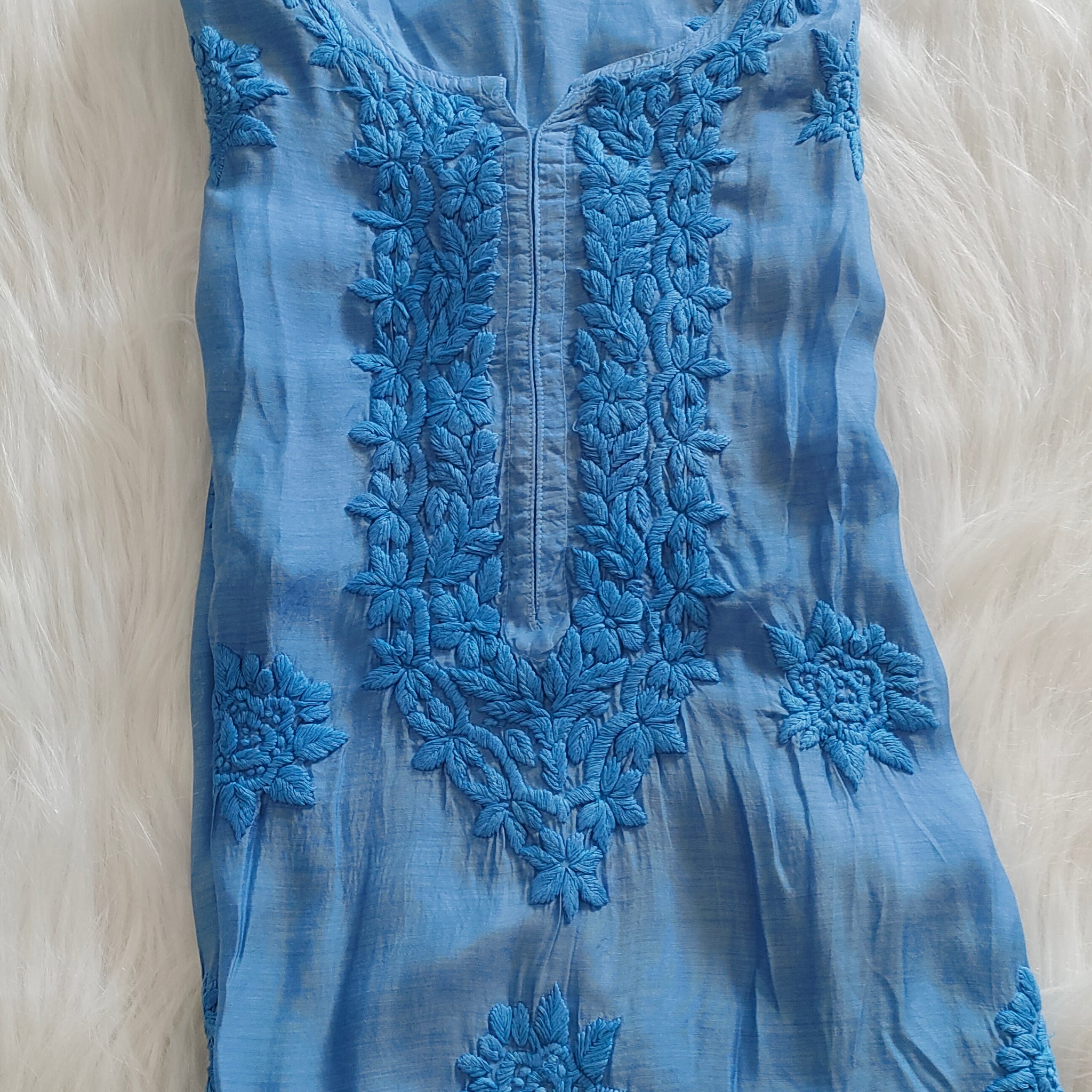 Sunflower Soft Blue premium Silk Chikankari Long Kurta