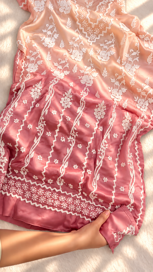 Handmade blush ombre crepe silk chikankari kurti co-ord set with front and back embroidery, showcasing intricate Lucknow chikankari details.