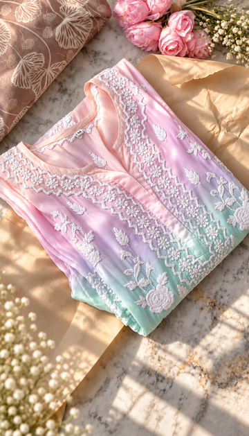 LVW Fashions handmade silk Chikankari kurti co-ord set with intricate front and back embroidery, traditional Lucknow-style craftsmanship.