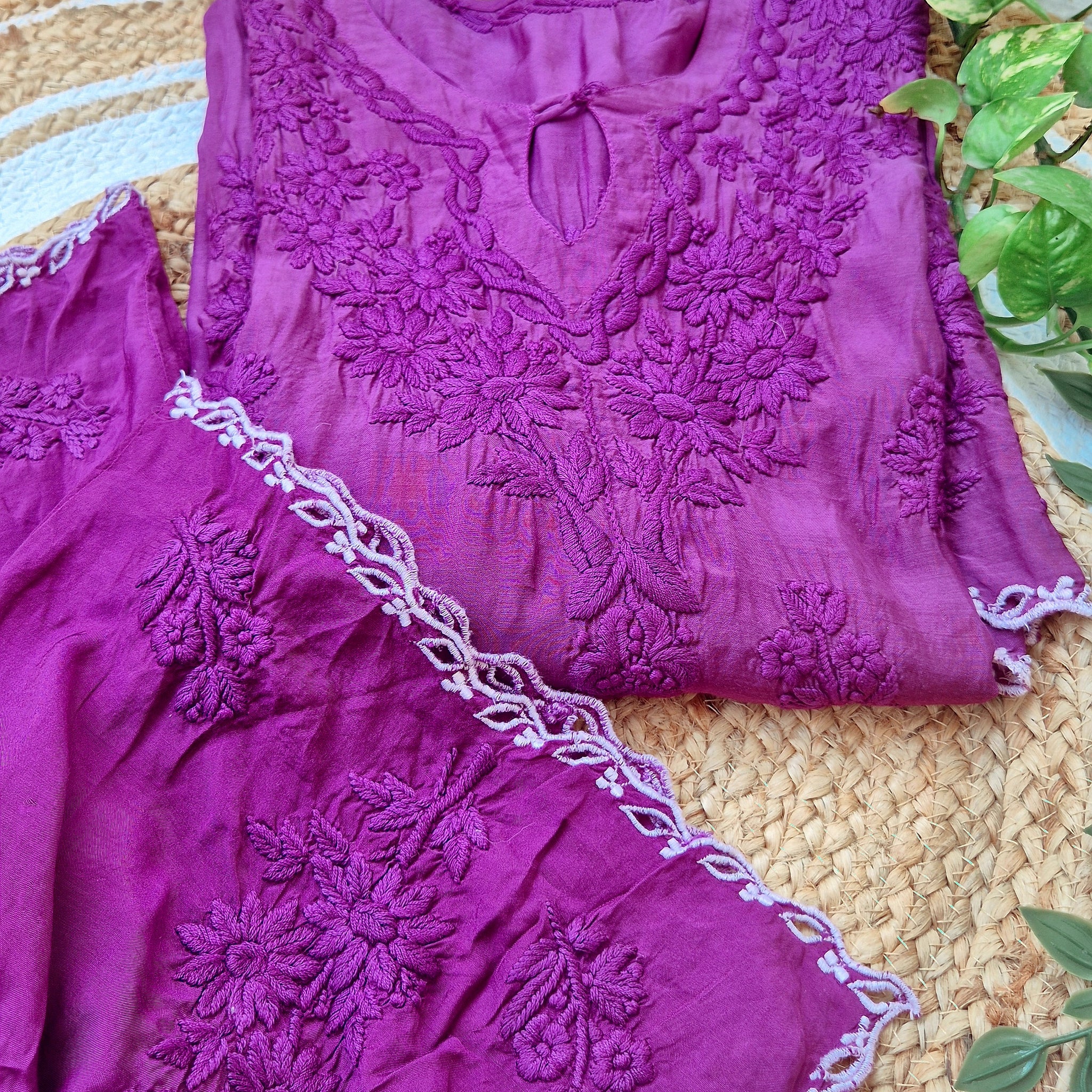 Deep Purple Premium Silk Chikankari Luxurious Look co-ord Set