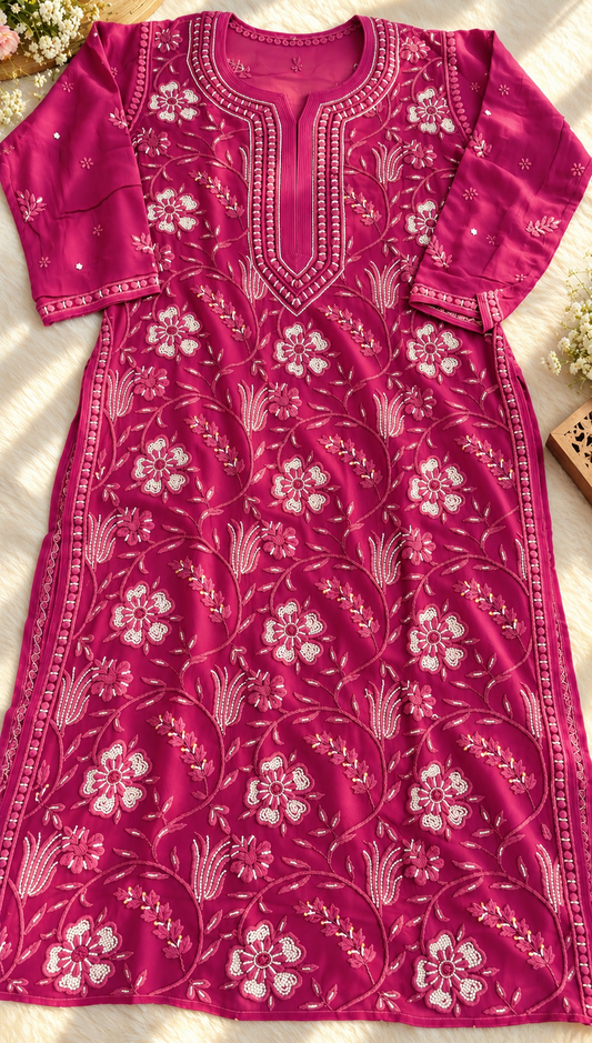Rahisha Viscous Georgette Pure Chikankari Pearl Luxury Kurta Pure Handcrafted