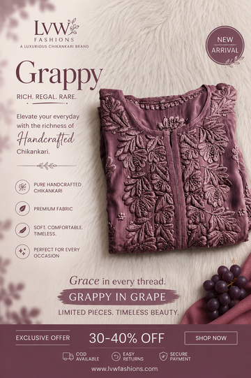 Grappy Premium Georgette Chikankari Pure Handcrafted Luxurious Long Kurta