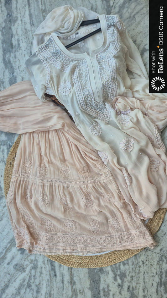 Restock Noori Powder Brown Premium Georgette Chikankari Kurta With Cutdana Pearl Embroidery(Ready To Dispatch)