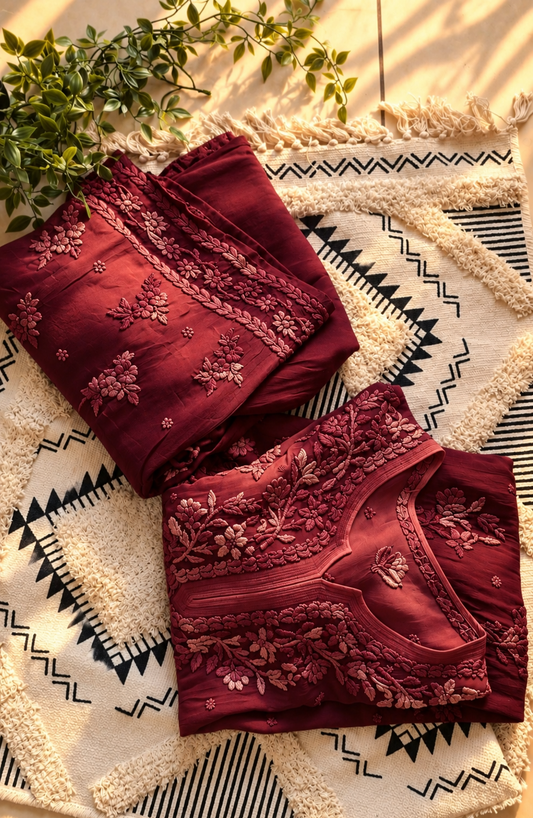 Burgundy Premium Georgette luxurious Chikankari Long Kurta Heavy Embroidery with Light weight