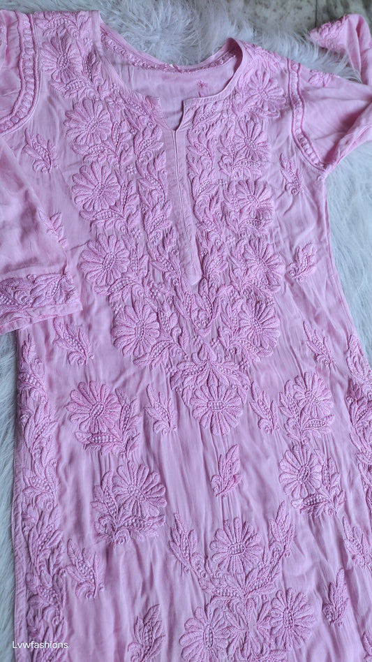 Plus Love Pinkish Premium Soft Non Transparent Modal Chikankari Kurta