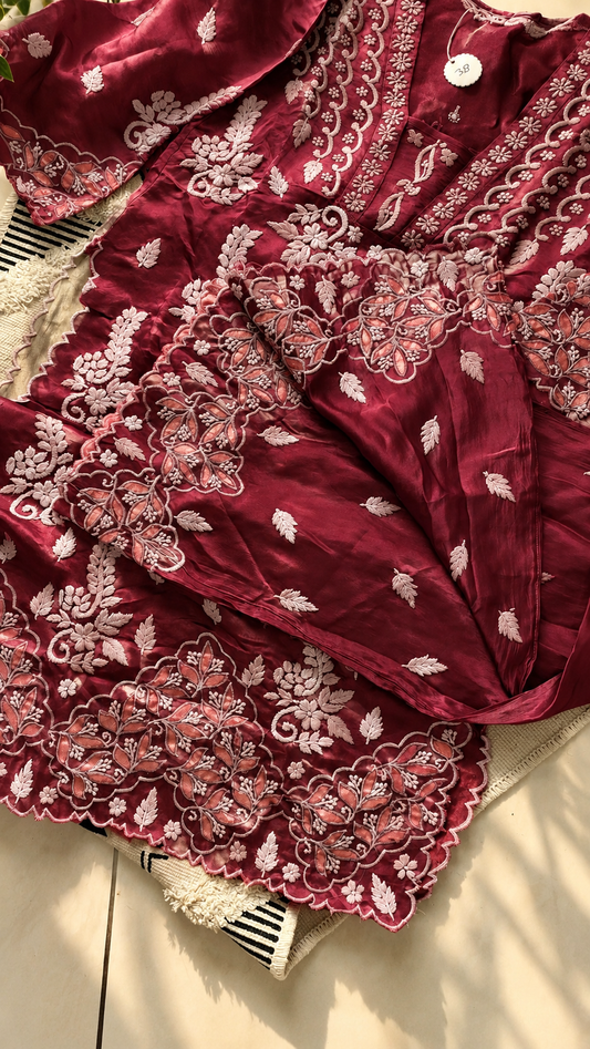 Wine Pure Handcrafted Designer Co-ord Set with Chikankari and golden work
