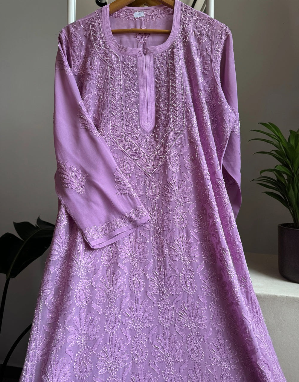Noori Full Jaal Pearl Cutdana Chikankari Embroidery Long Luxurious kurta Pure Handcrafted Lavender