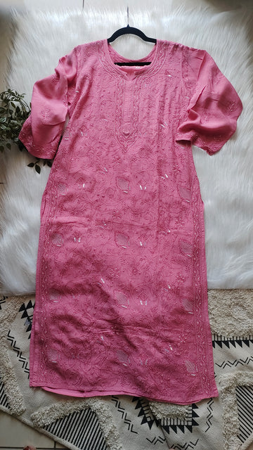 Noori Premium Mul Soft Cotton Muslin Long Chikankari Kurta With Pearl And Cutdana Add On