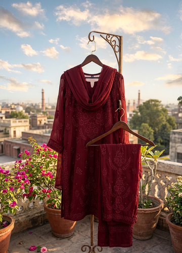 RAFIYA maroon  Premium Silk  Puffed Chikankari Long Kurta Pure Handcrafted