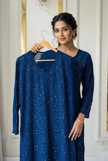 Farah Royal Blue Premium Georgette Chikankari Luxurious Kurti set for women Mukaish Add On