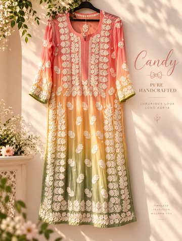 Candy Premium Georgette luxurious Chikankari Long Kurta Heavy Embroidery with Light weight