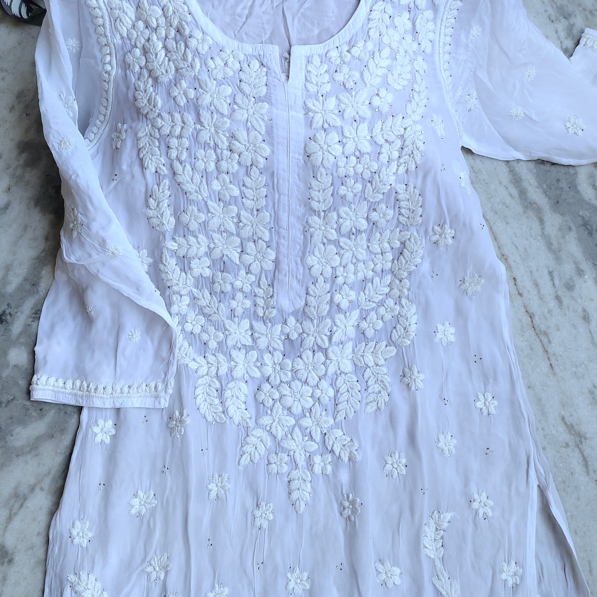 Eid Edit White Premium Georgette Lux Chikankari Long Kurti With Kamdani
