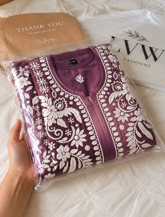 Azhel Premium Crepe Silk Chikankari Kurti Co-ord Set by LVW Fashions featuring intricate handmade Lucknow Chikankari embroidery.