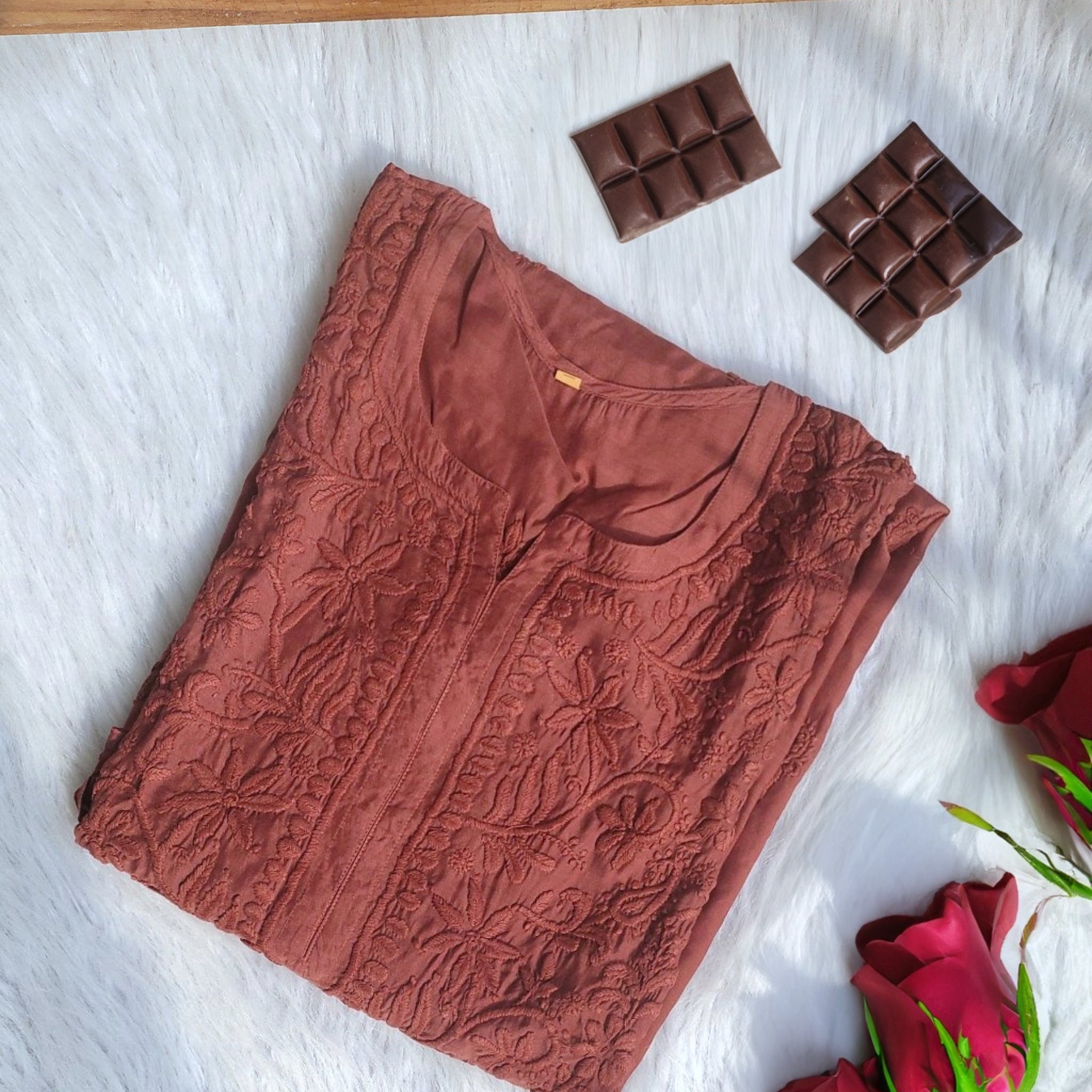 Silk Chocolate Daman Neck Chikankari Embroidery Kurta( Muslin Silk)