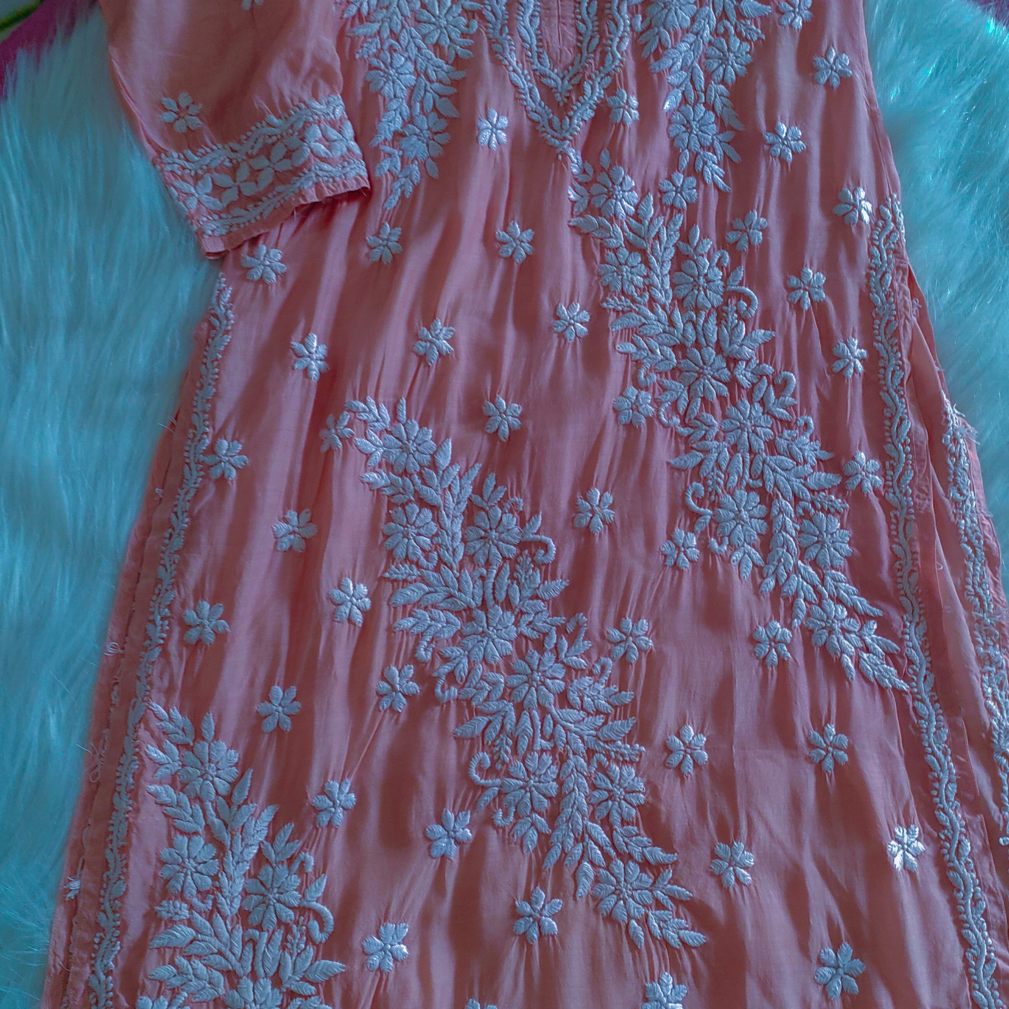 Feriha Peach Premium Silk Chikankari Luxurious Long Kurta With pannel Design