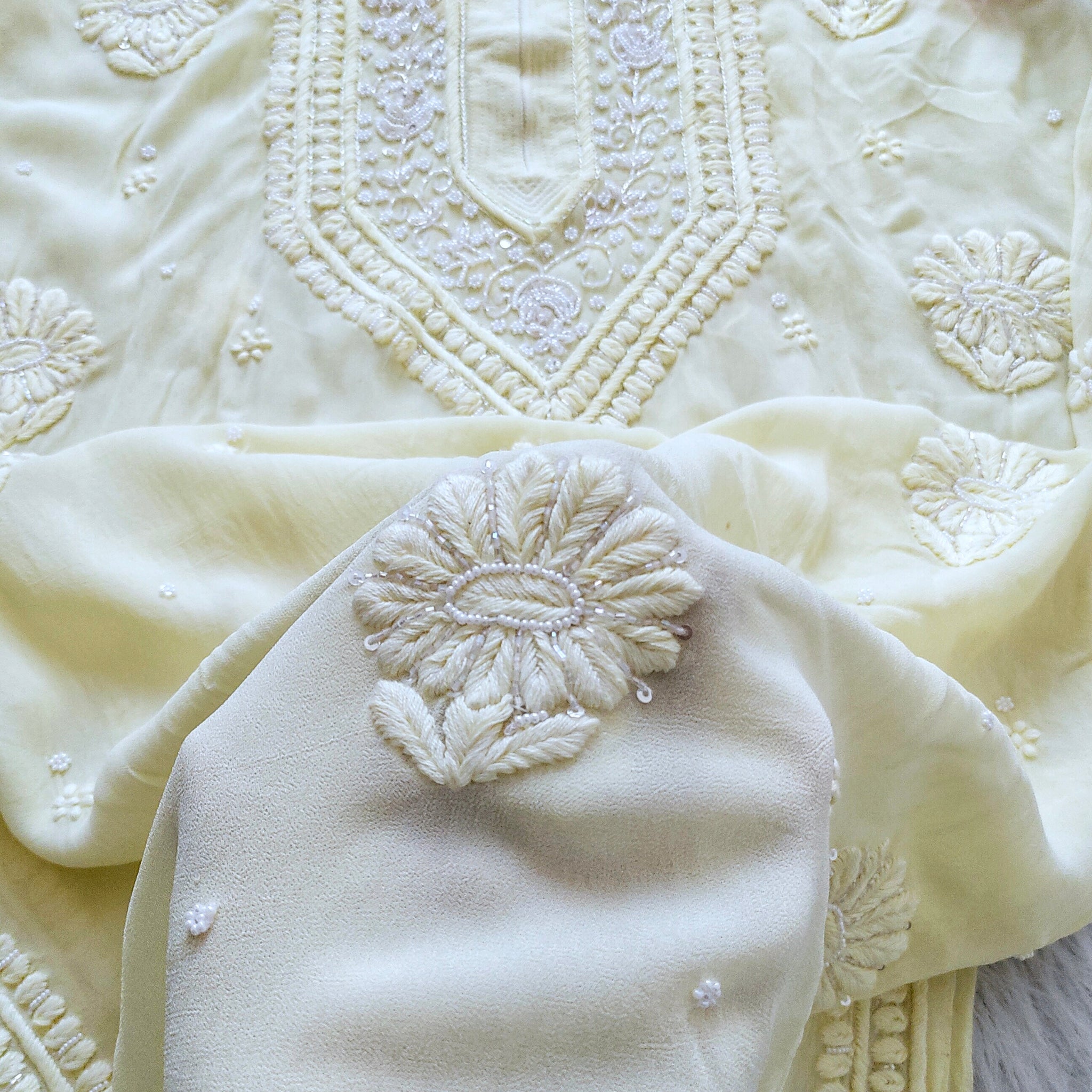 Noori Yellow Premium Georgette Chikankari Kurta Cutdana Embroidery